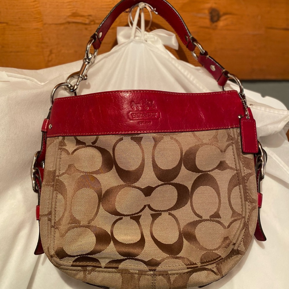 Coach Red and Brown Signature Shoulder Bag